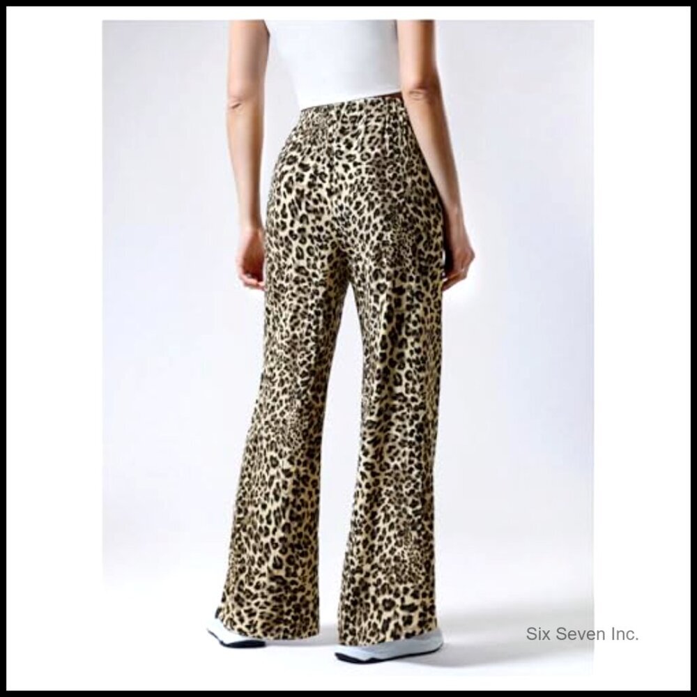 Drawstring Waist Leopard Print Trousers Tie Front Wide Leg Pants - Picture 2 of 5